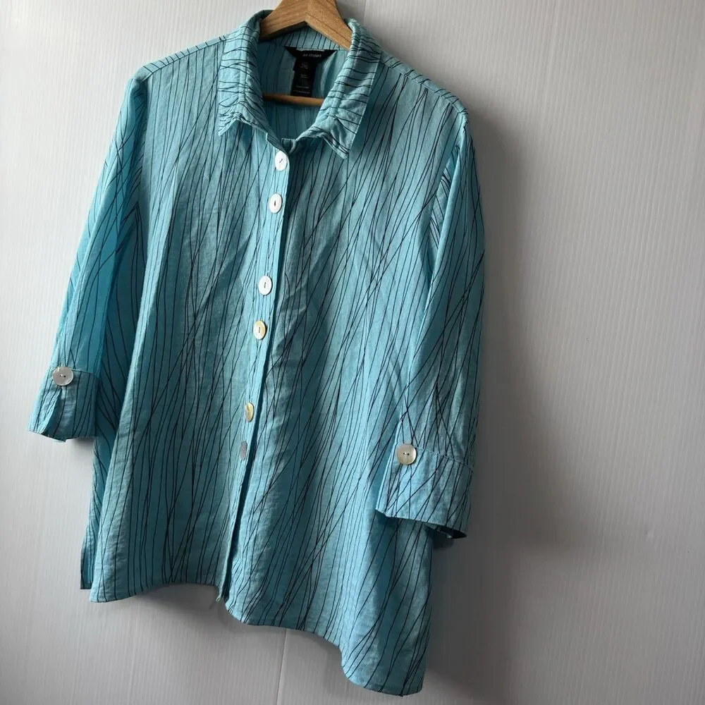 Ali Miles PXL Women’s Turquoise Abstract Stripe Button Front 3/4 Sleeve Blouse